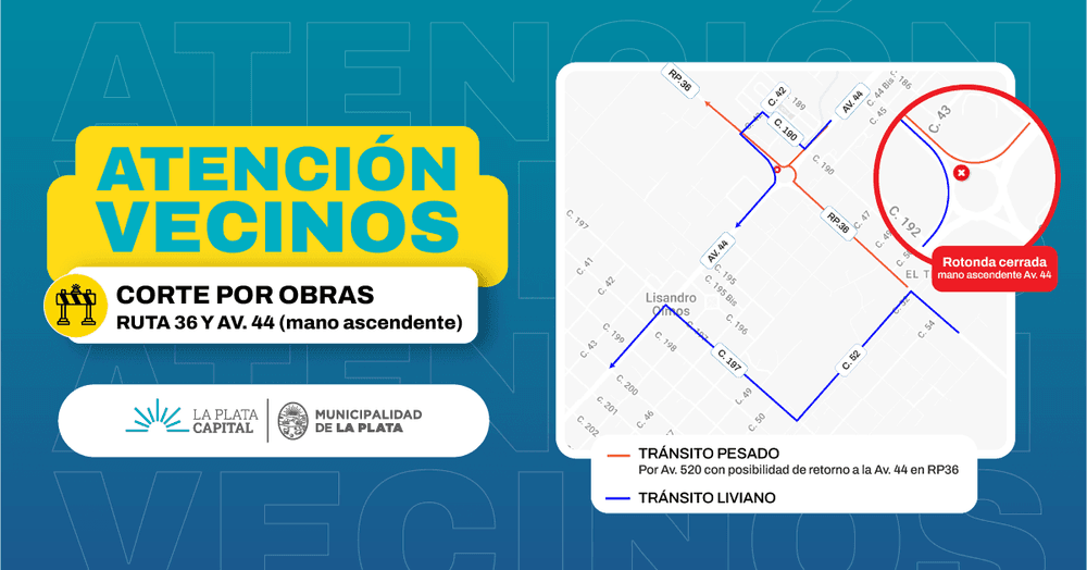 En La Plata encaran obras de bacheo en avenida 44 y Ruta 36: disponen desvíos para ordenar el tránsito